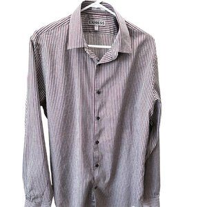 Express Men's Shirt Large Silver with Red Striped Fitted Long Sleeve Pre-owned
